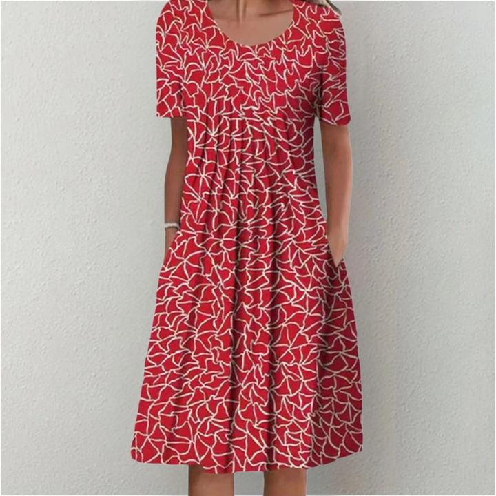 Women's Floral Midi Dress Short Sleeve Round Neck Pockets