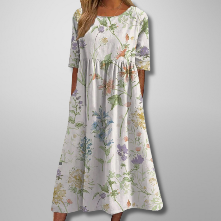 Women's Floral Print Round Neck Flowy Midi Dress