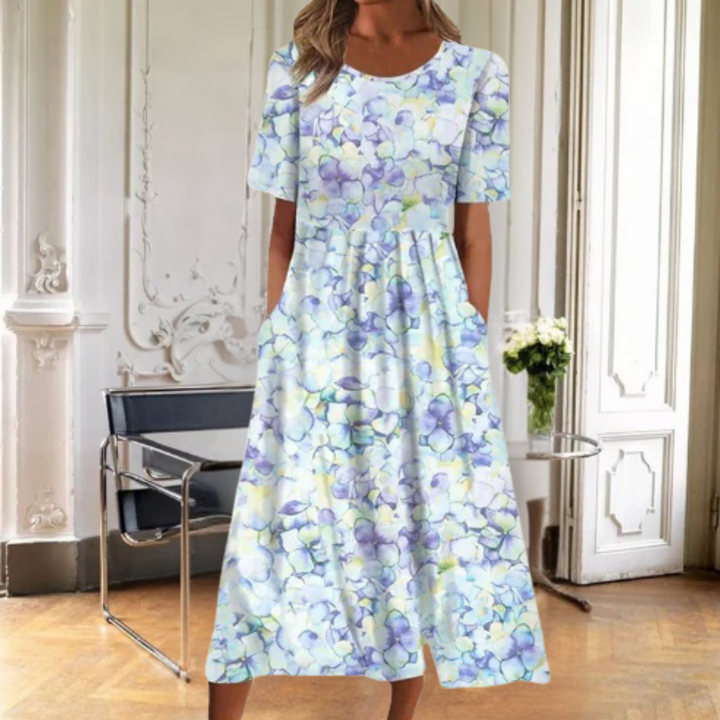 Women's Floral A-Line Midi Dress with Short Sleeves