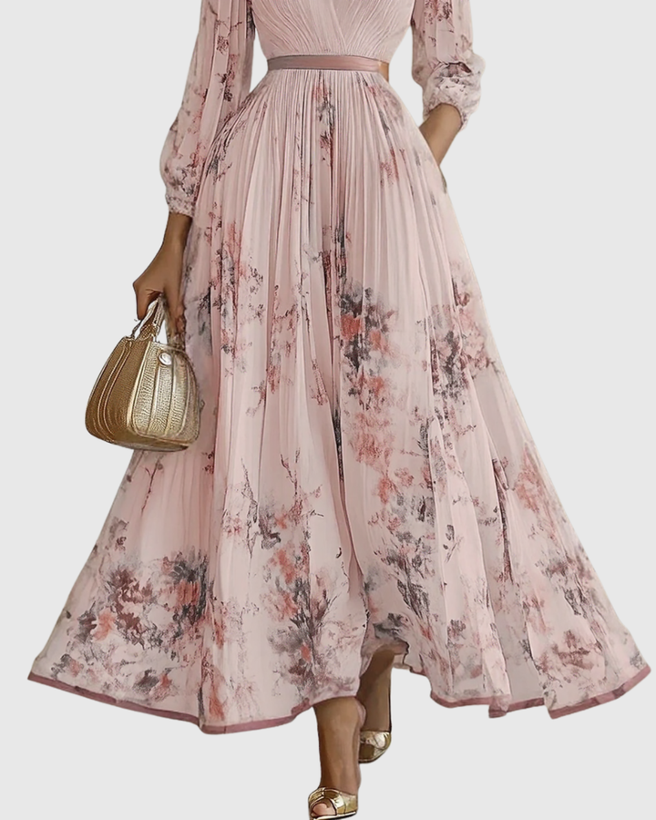 Women's Floral V-Neck Pleated Maxi Dress Ribbon Waist