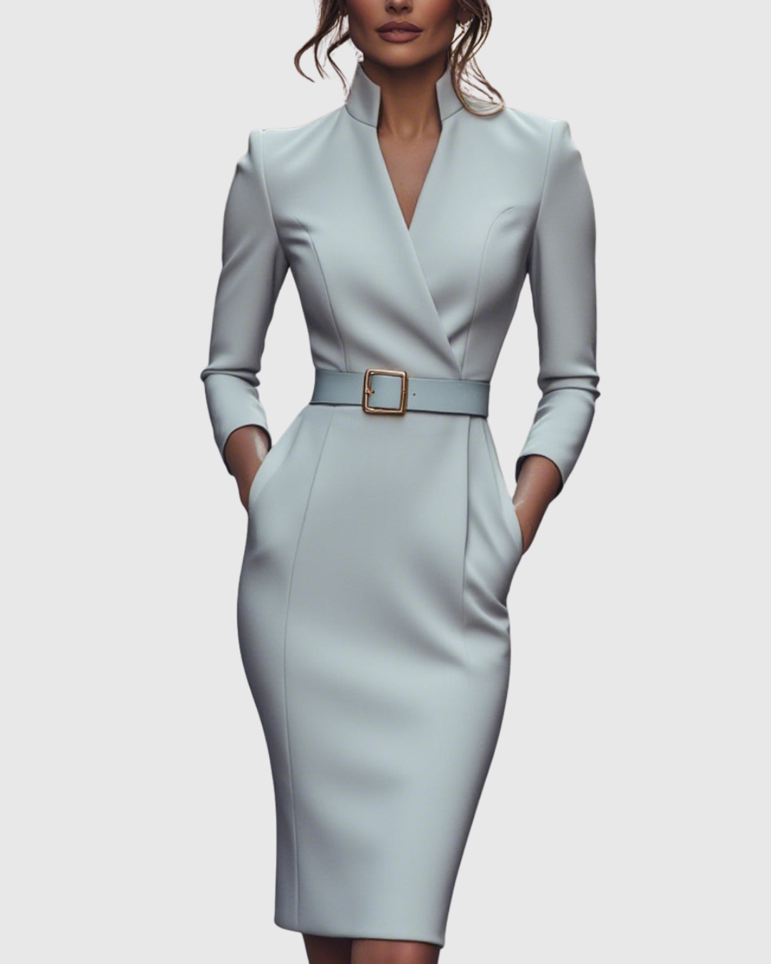 Women's Belted Pencil Midi Dress Long Sleeve V-Neck