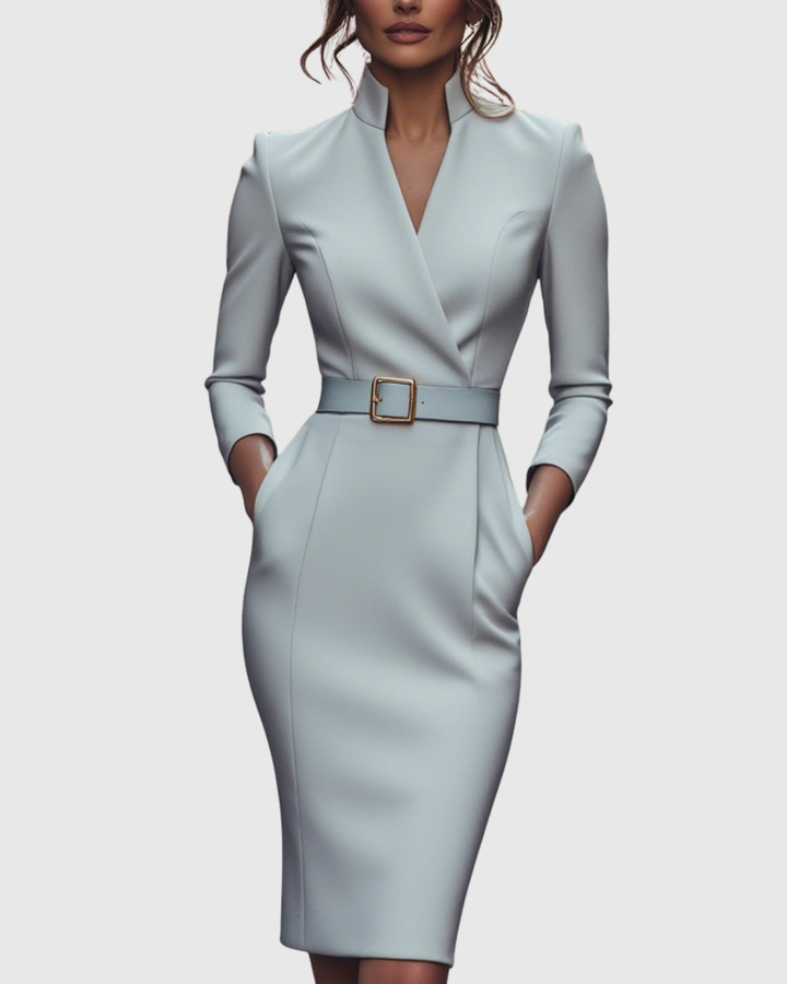 Women's Belted Pencil Midi Dress Long Sleeve V-Neck