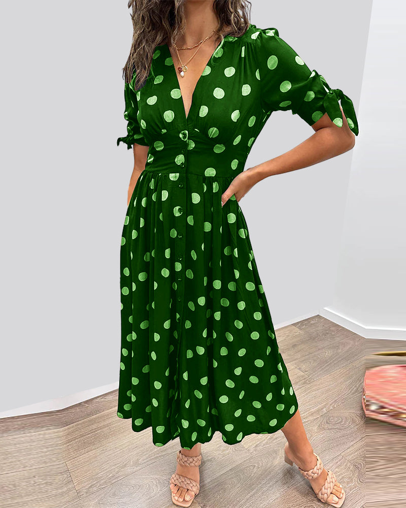 Women's Polka Dot V-Neck Midi Dress with Belt