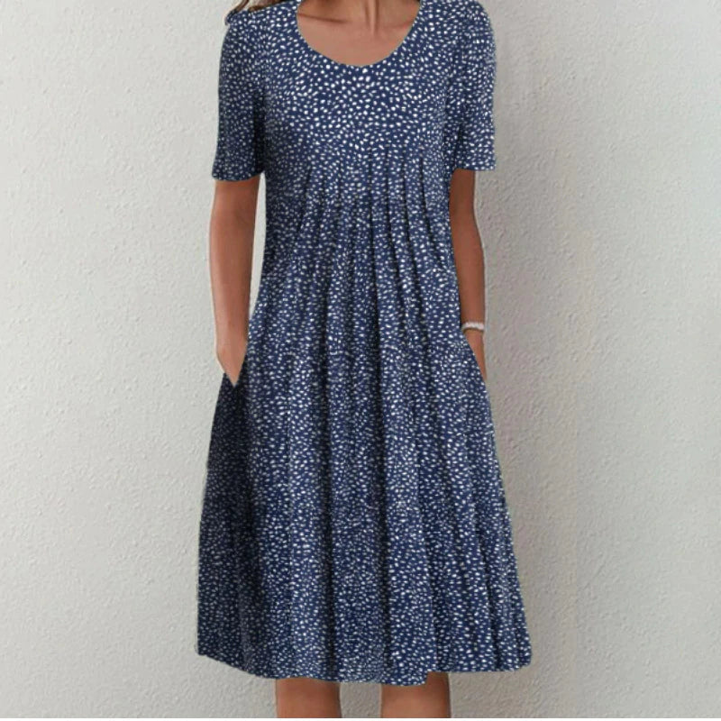 Women's Floral Midi Dress Short Sleeve Round Neck Pockets