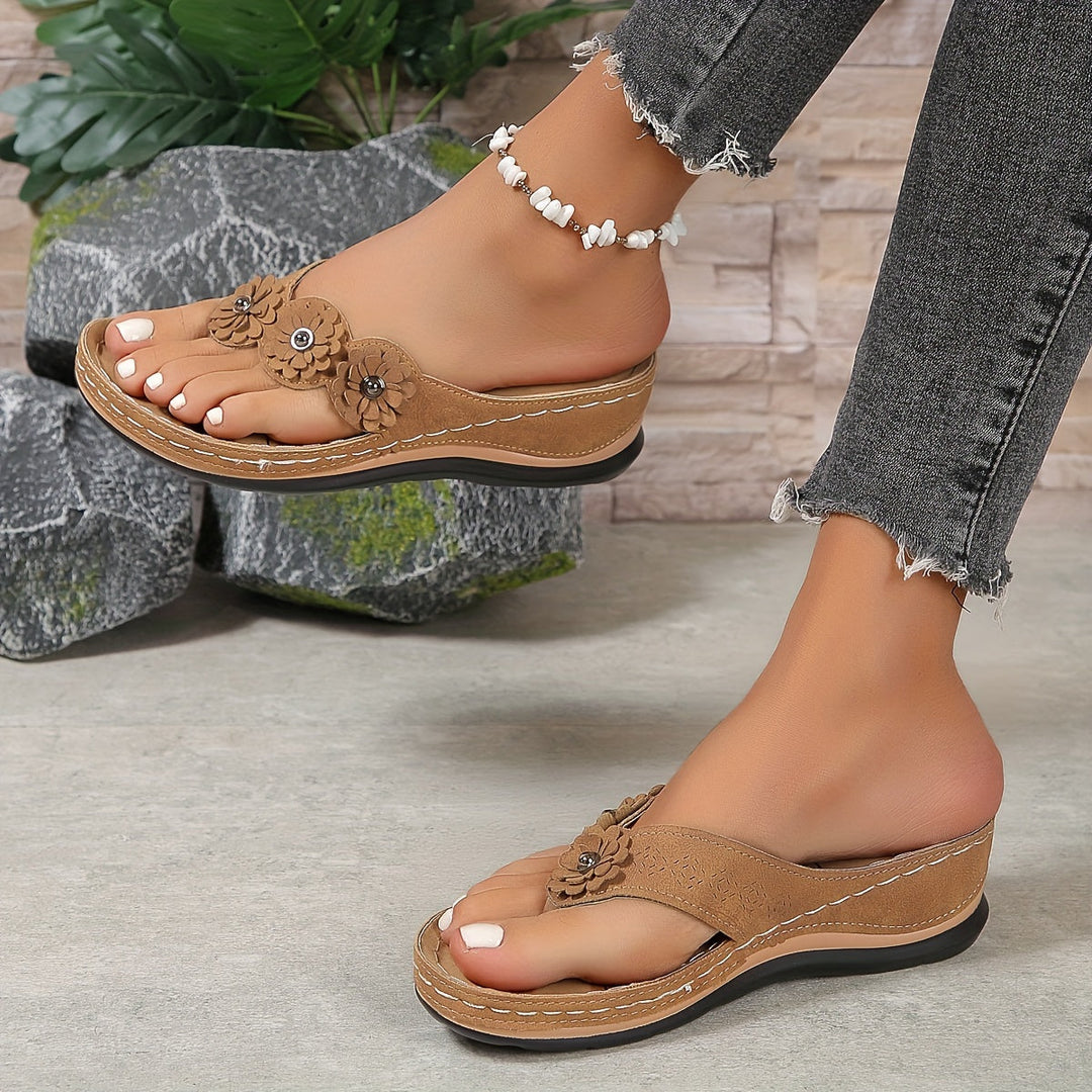 Women's Orthopedic Wedge Flip Flop Sandals with Floral Detail