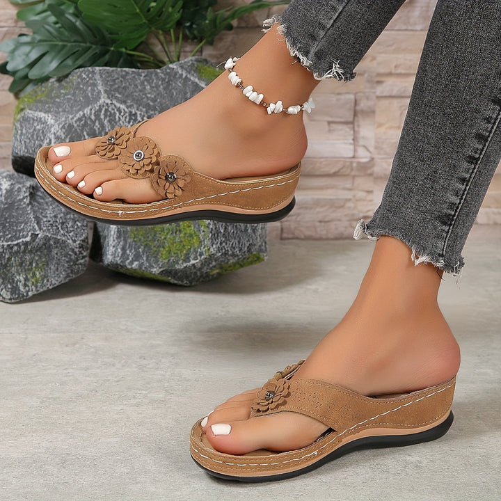 Women's Orthopedic Wedge Flip Flop Sandals with Floral Detail