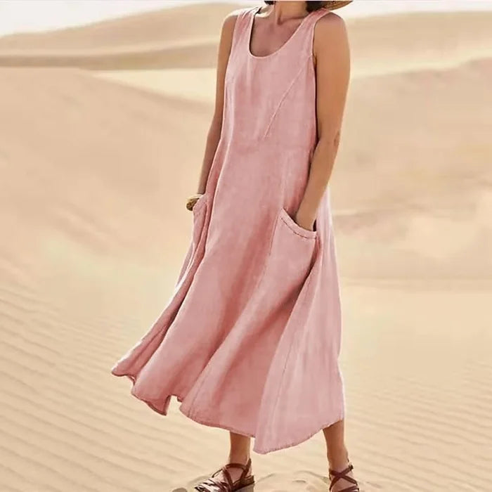 Women's Sleeveless Linen Maxi Dress with Side Pockets