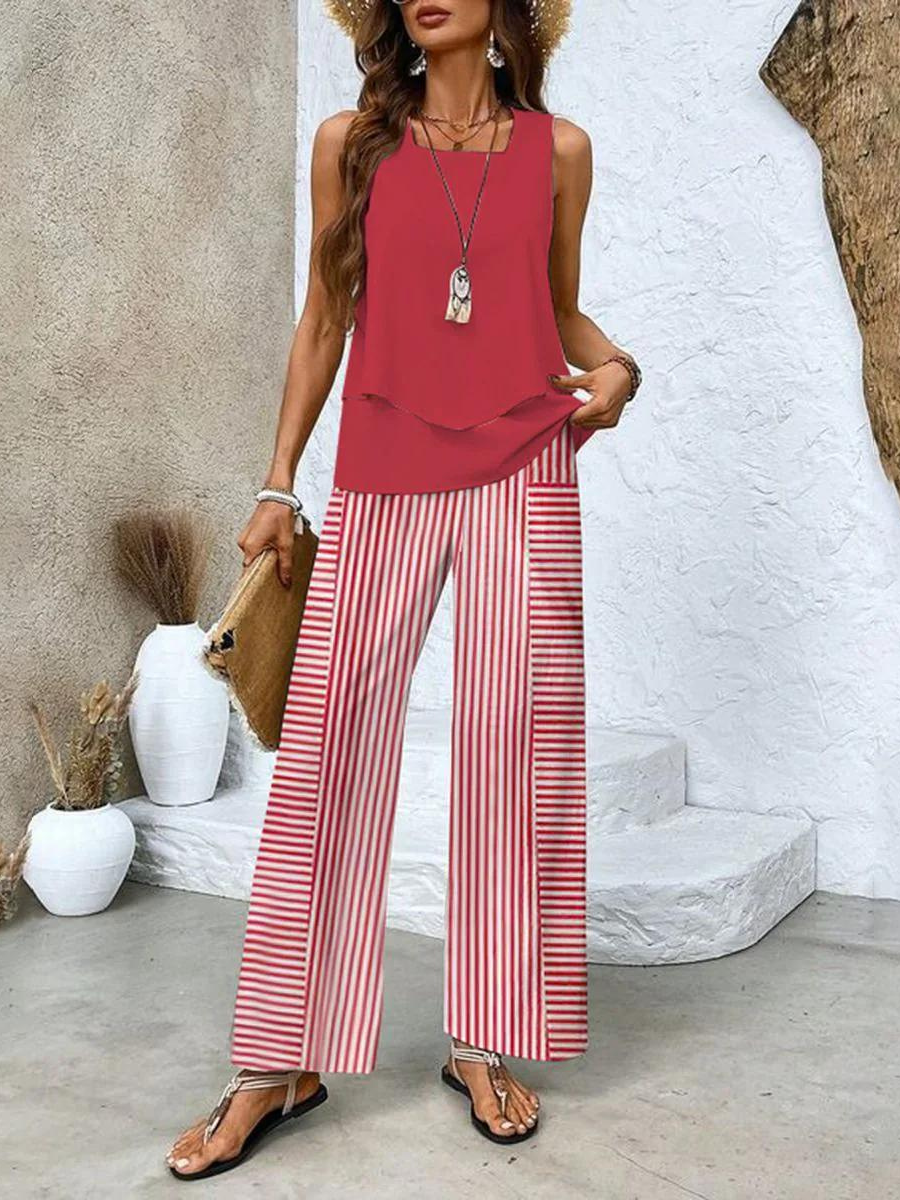 Women's Sleeveless Tank Top Wide Leg Pants Two Piece Set