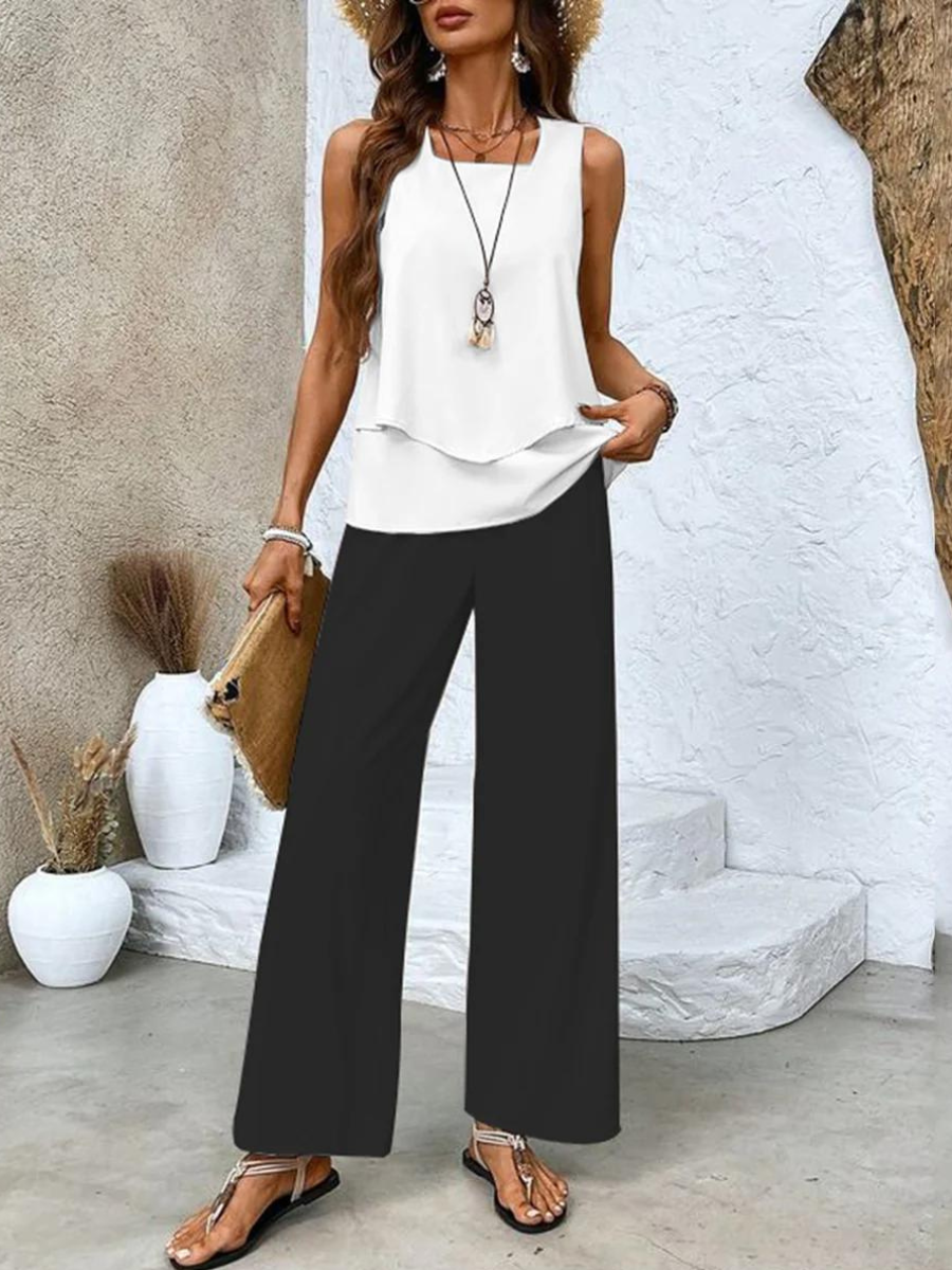 Women's Sleeveless Tank Top Wide Leg Pants Two Piece Set