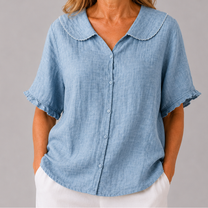 Women's Short Sleeve Blouse with Peter Pan Collar and Ruffle Sleeve Detail