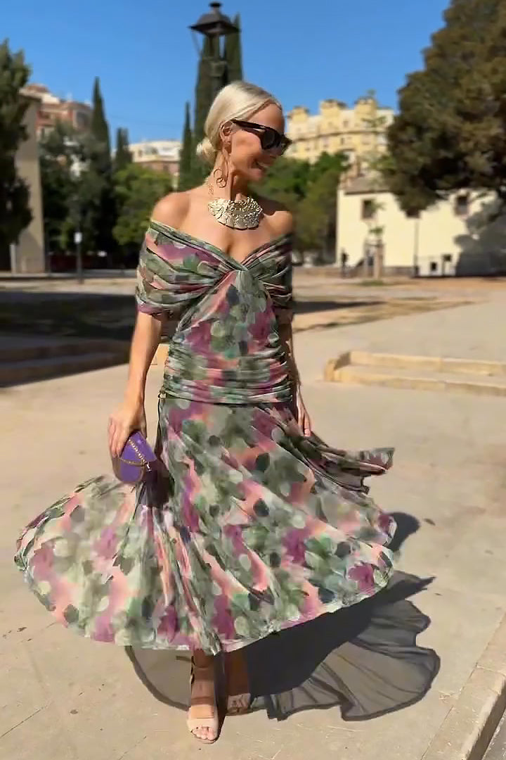 Women's V-Neck Maxi Dress with Pleated Waist