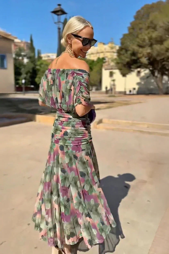 Women's V-Neck Maxi Dress with Pleated Waist