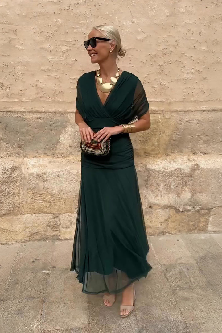 Women's V-Neck Maxi Dress with Pleated Waist