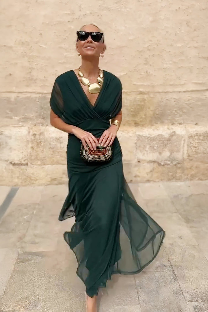 Women's V-Neck Maxi Dress with Pleated Waist