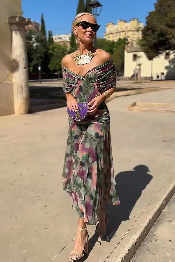 Women's V-Neck Maxi Dress with Pleated Waist