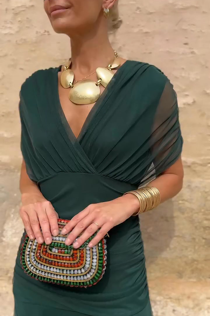 Women's V-Neck Maxi Dress with Pleated Waist