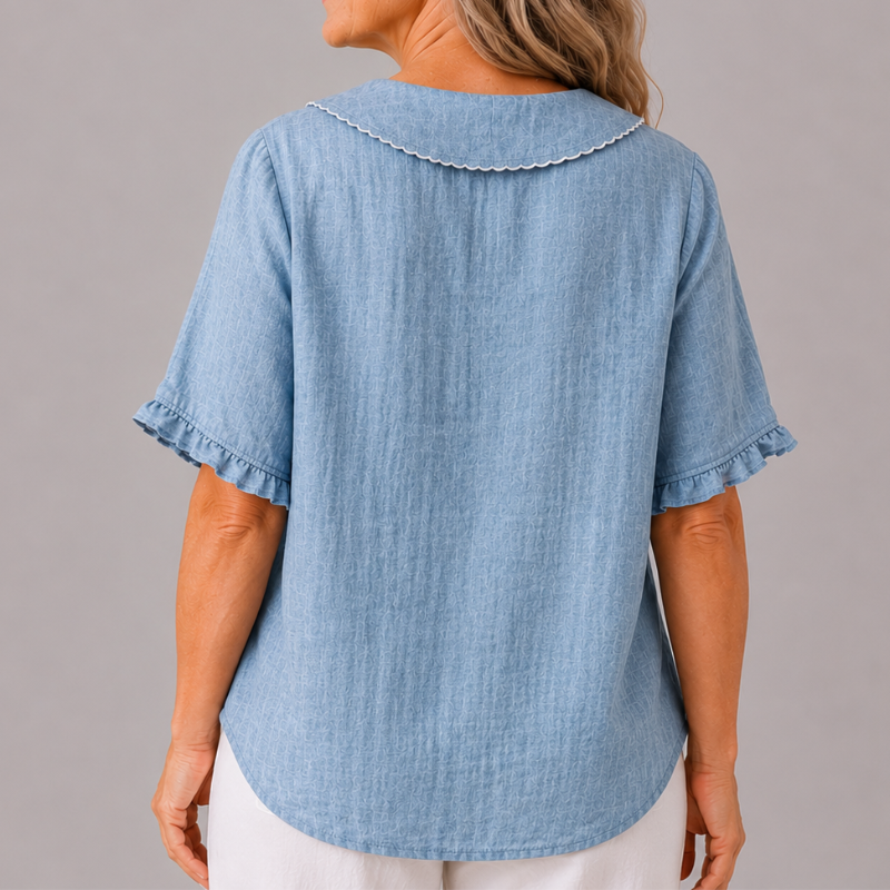 Women's Short Sleeve Blouse with Peter Pan Collar and Ruffle Sleeve Detail