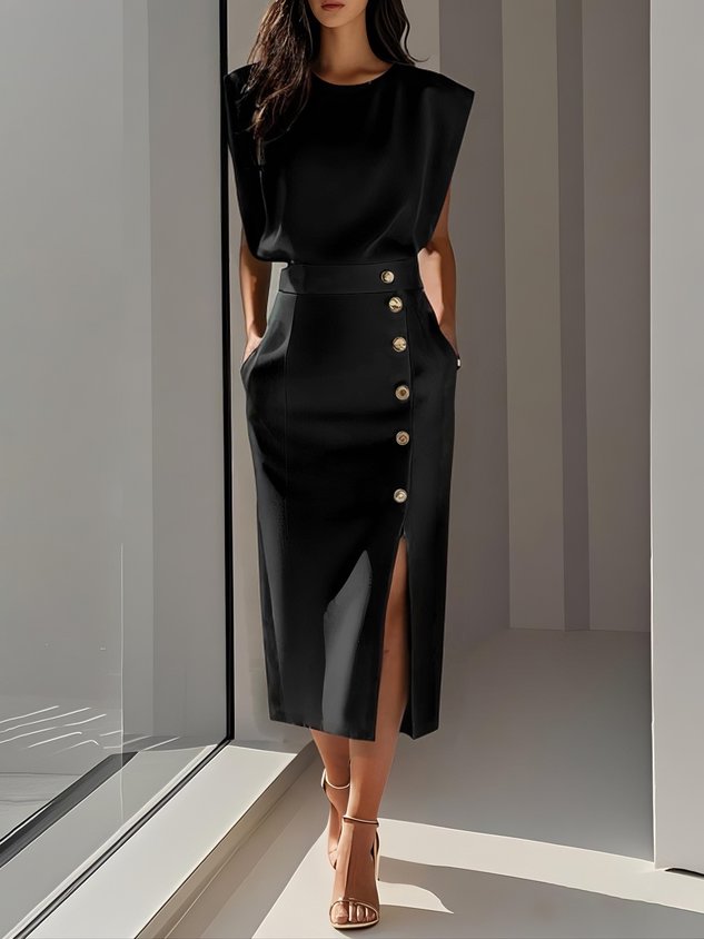Women's Sleeveless Midi Dress Button Detail Side Split