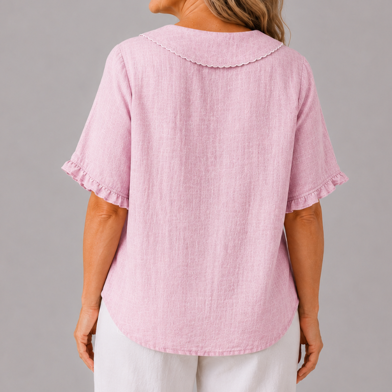 Women's Short Sleeve Blouse with Peter Pan Collar and Ruffle Sleeve Detail