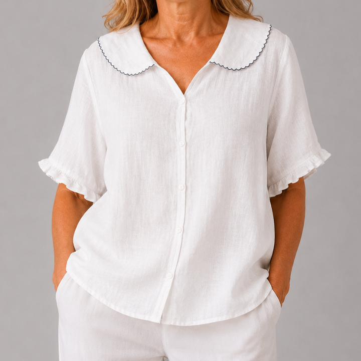 Women's Short Sleeve Blouse with Peter Pan Collar and Ruffle Sleeve Detail