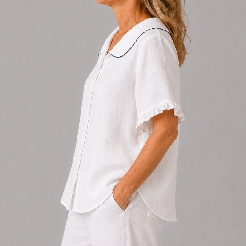 Women's Short Sleeve Blouse with Peter Pan Collar and Ruffle Sleeve Detail