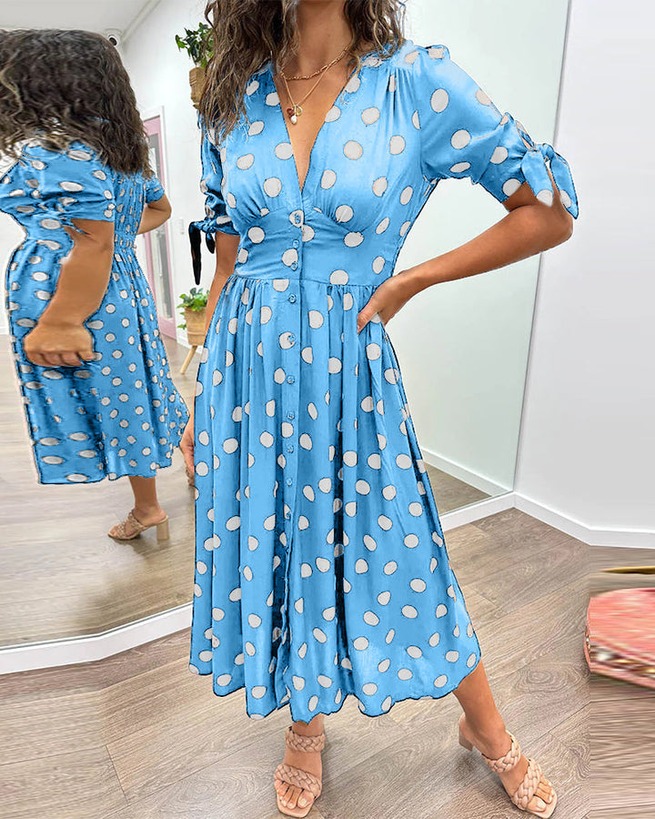 Women's Polka Dot V-Neck Midi Dress with Belt