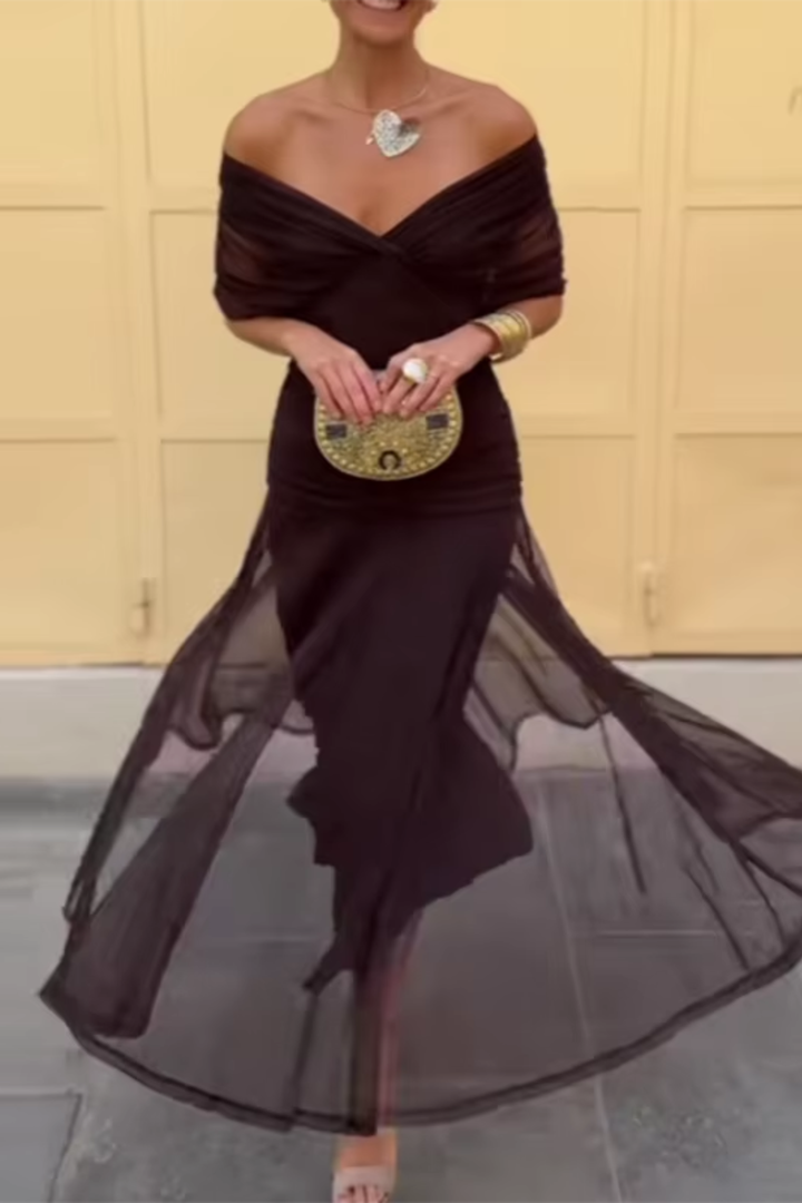 Women's V-Neck Maxi Dress with Pleated Waist