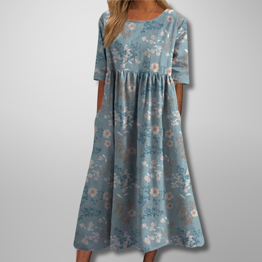 Women's Floral Print Round Neck Flowy Midi Dress