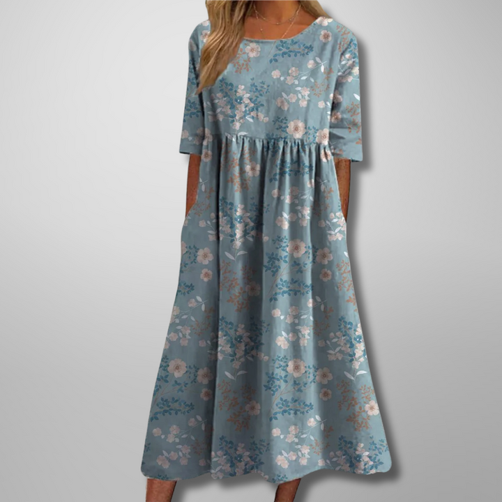 Women's Floral Print Round Neck Flowy Midi Dress