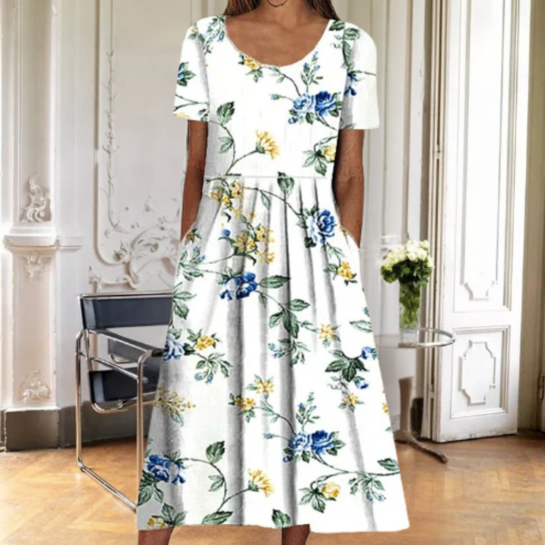 Women's Floral A-Line Midi Dress with Short Sleeves