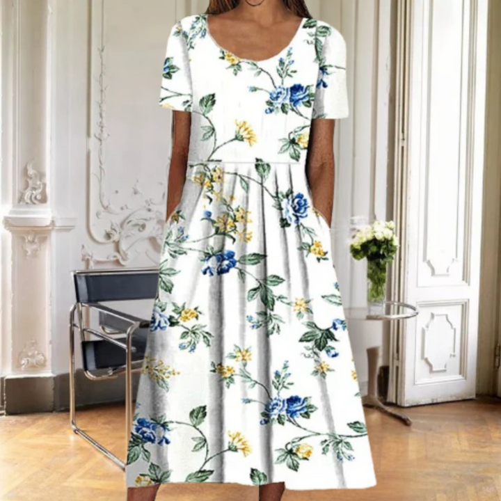 Women's Floral A-Line Midi Dress with Short Sleeves