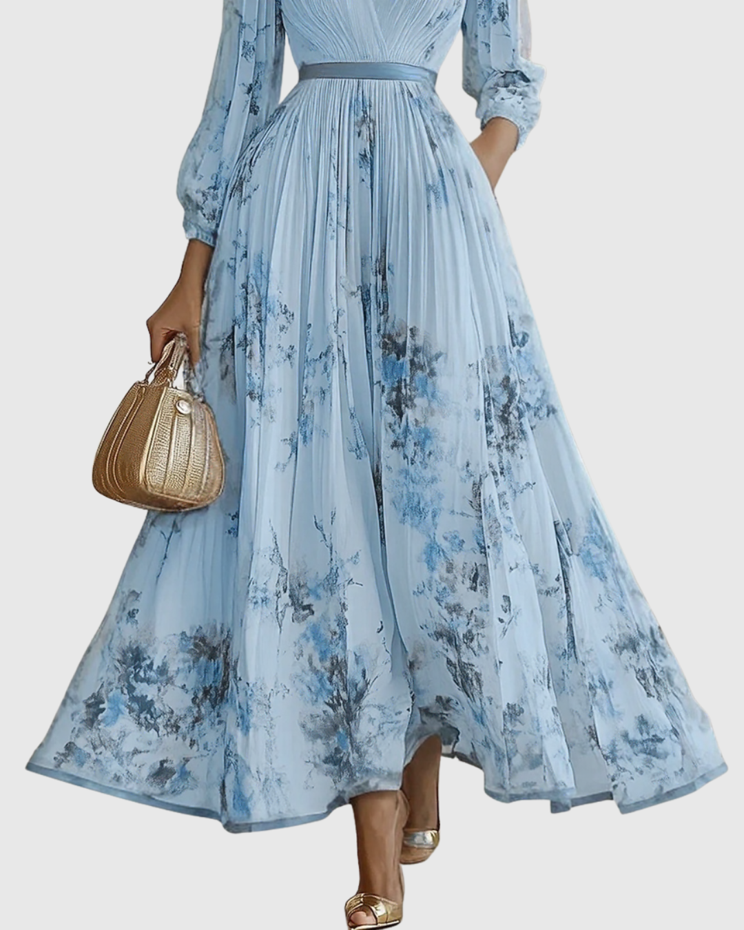 Women's Floral V-Neck Pleated Maxi Dress Ribbon Waist
