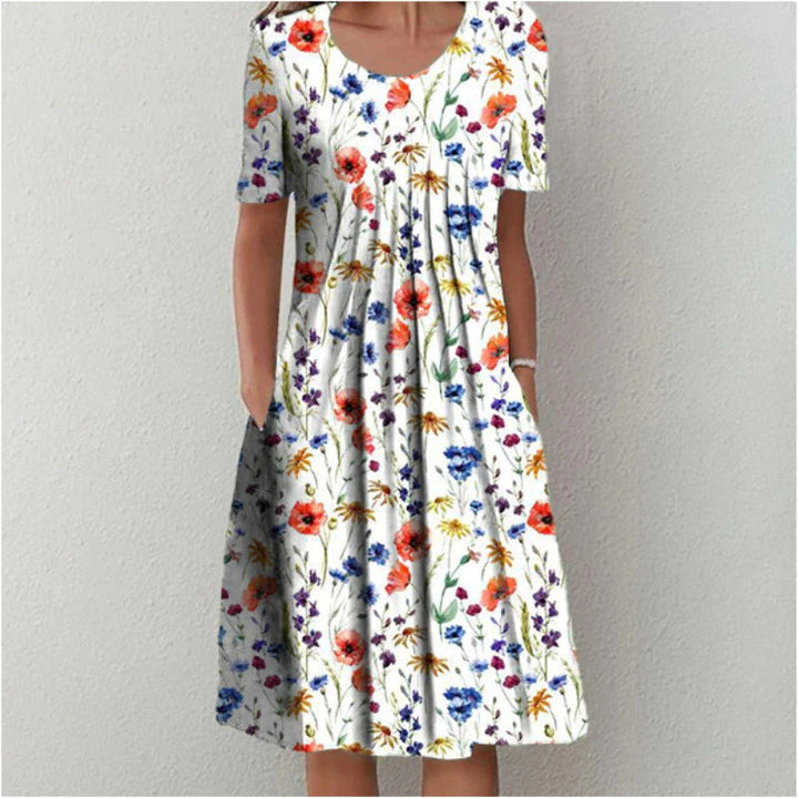 Women's Floral Midi Dress Short Sleeve Round Neck Pockets