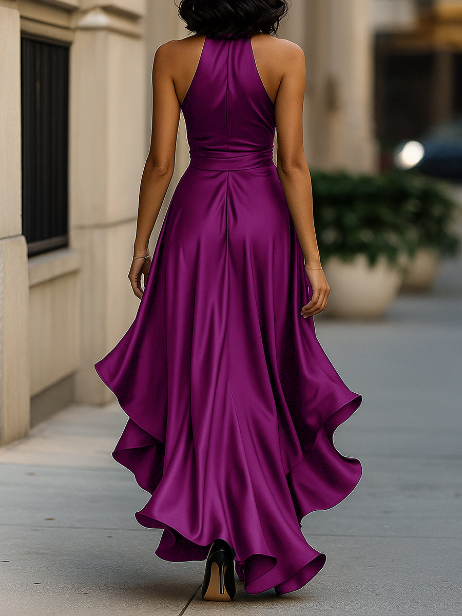 Women's Satin Halter Neck Ruffle Gown with High-Low Hem
