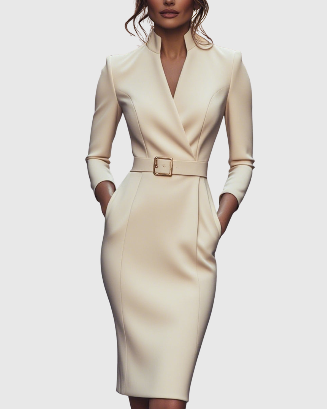 Women's Belted Pencil Midi Dress Long Sleeve V-Neck