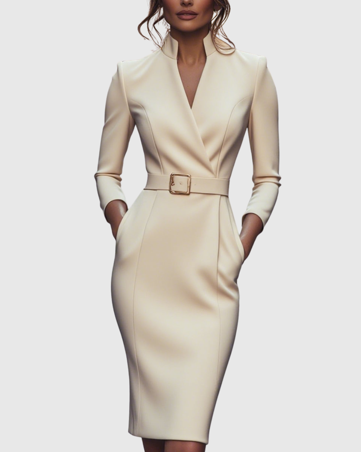 Women's Belted Pencil Midi Dress Long Sleeve V-Neck