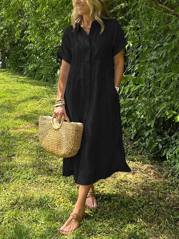 Women's Striped Button Front Midi Shirt Dress Short Sleeve