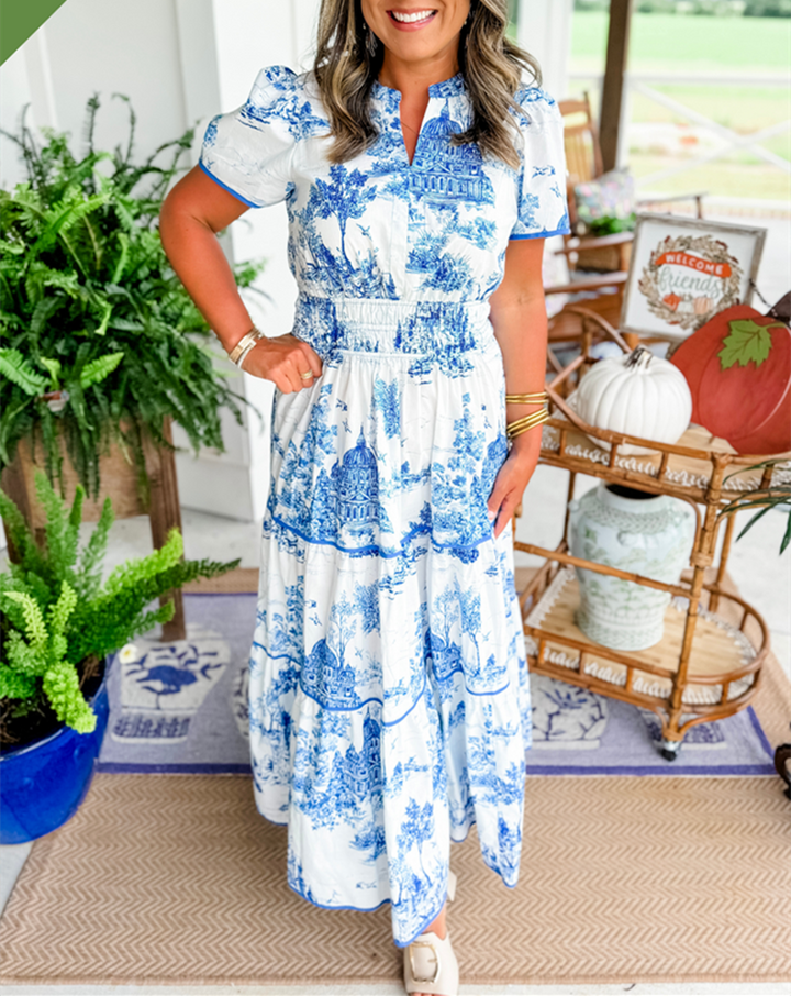 Women's Toile Print Tiered Maxi Dress with Smocked Waist