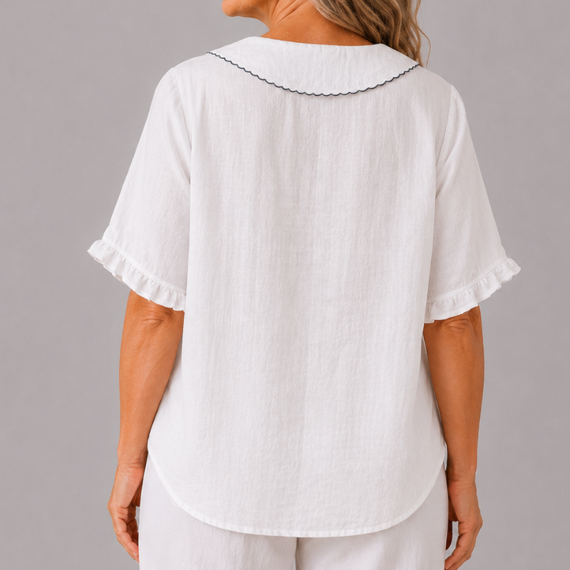 Women's Short Sleeve Blouse with Peter Pan Collar and Ruffle Sleeve Detail