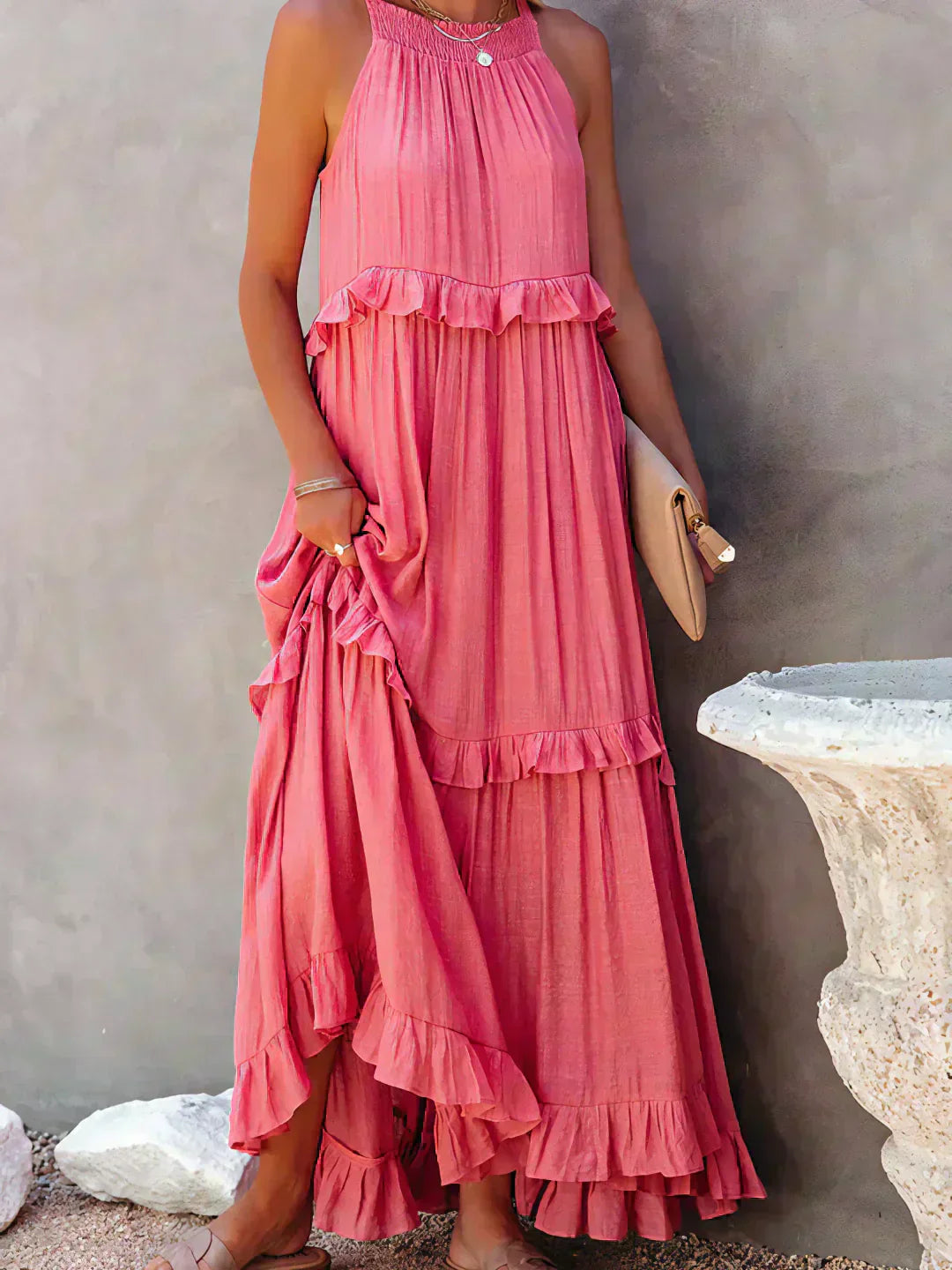 Women's Sleeveless Ruffle Maxi Dress with Halter Neck