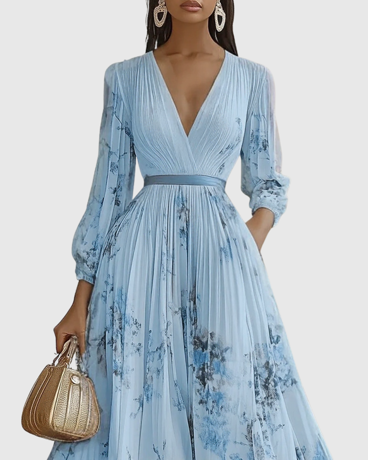 Women's Floral V-Neck Pleated Maxi Dress Ribbon Waist