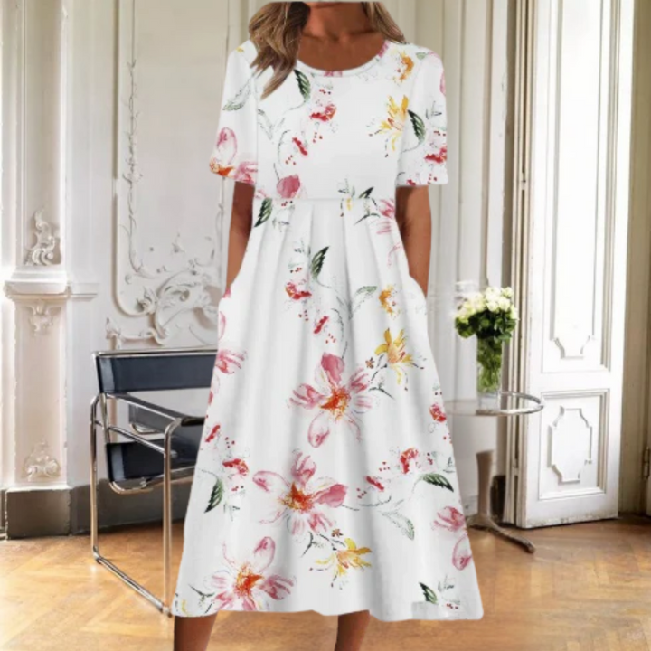 Women's Floral A-Line Midi Dress with Short Sleeves