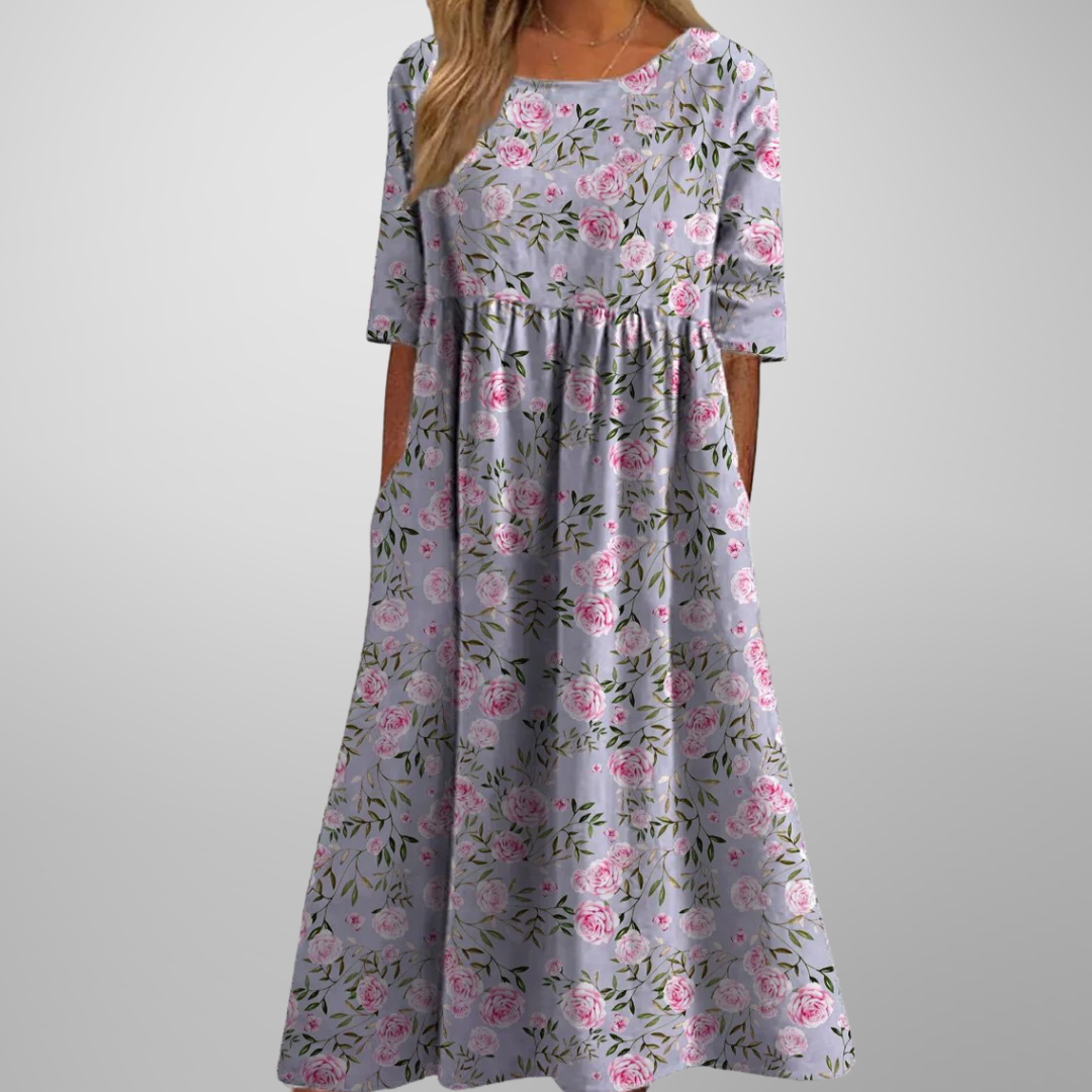 Women's Floral Print Round Neck Flowy Midi Dress
