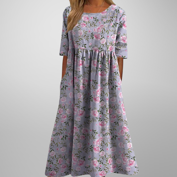 Women's Floral Print Round Neck Flowy Midi Dress