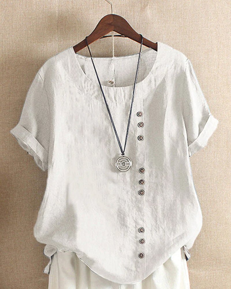 Women's Linen Button Front Crew Neck Short Sleeve Top