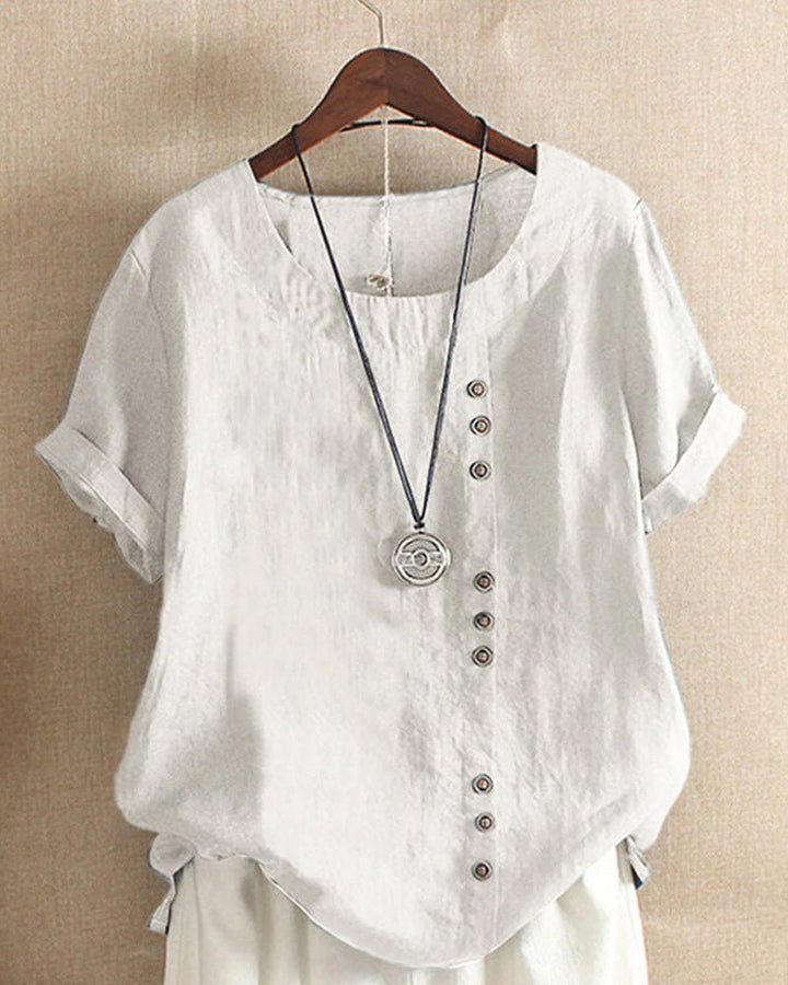 Women's Linen Button Front Crew Neck Short Sleeve Top