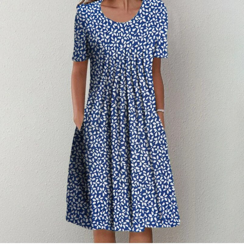 Women's Floral Midi Dress Short Sleeve Round Neck Pockets
