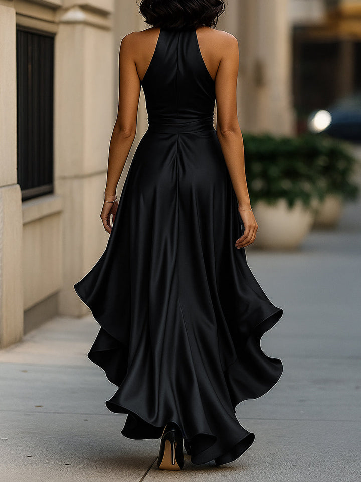 Women's Satin Halter Neck Ruffle Gown with High-Low Hem