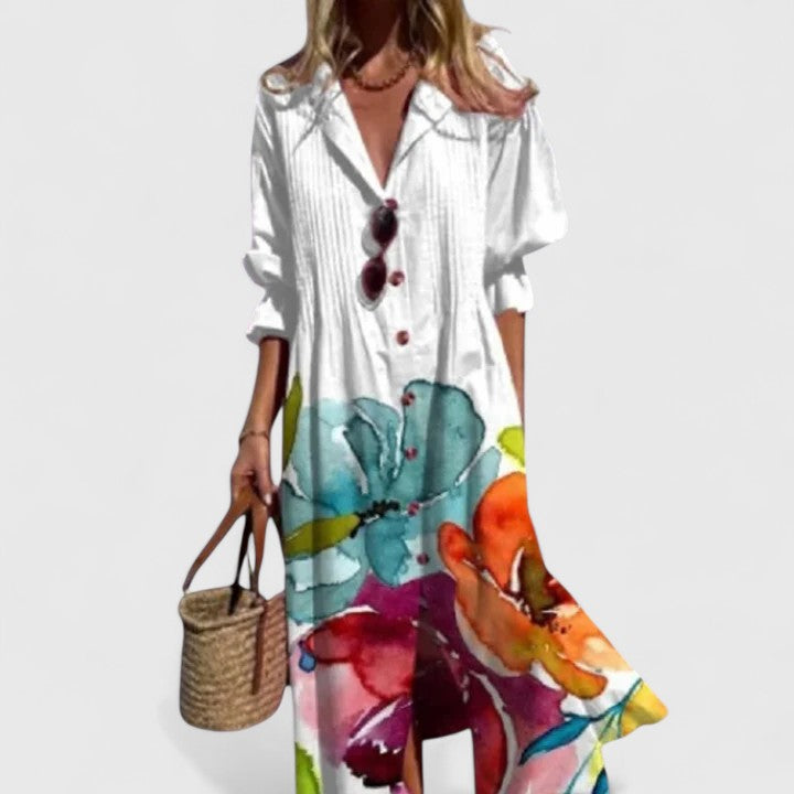 Women's Boho Print Button Down Maxi Shirt Dress