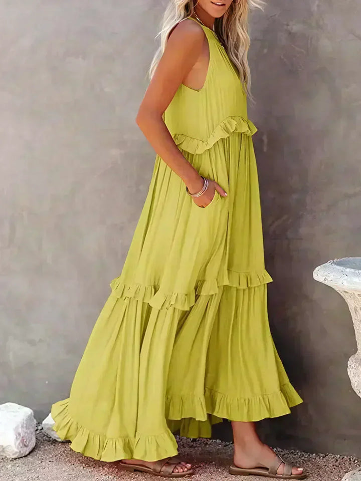 Women's Sleeveless Ruffle Maxi Dress with Halter Neck